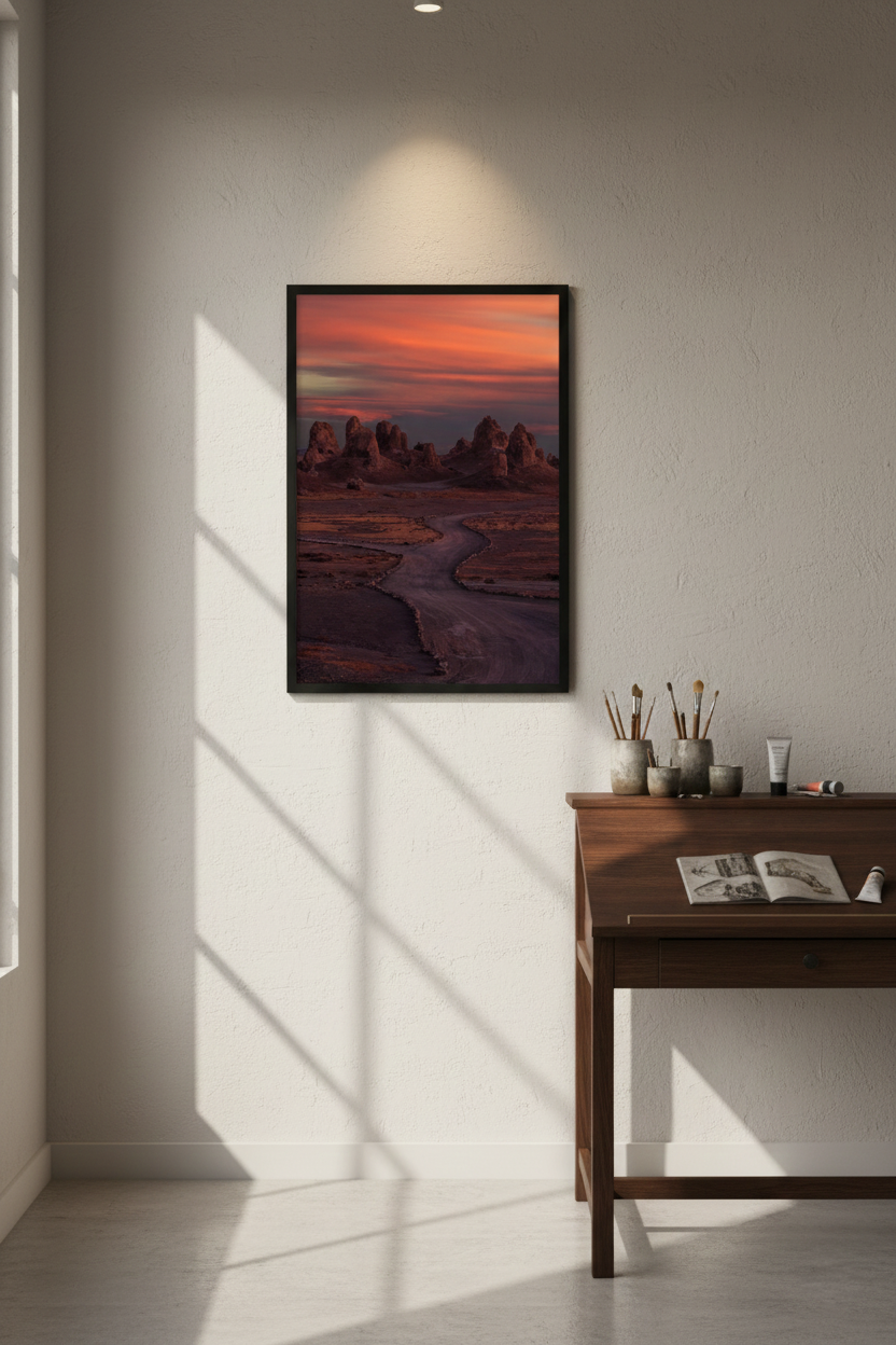 Trona Pinnacles sunset fine art print mounted on a textured cream wall above a dark wooden drafting desk with paintbrushes.