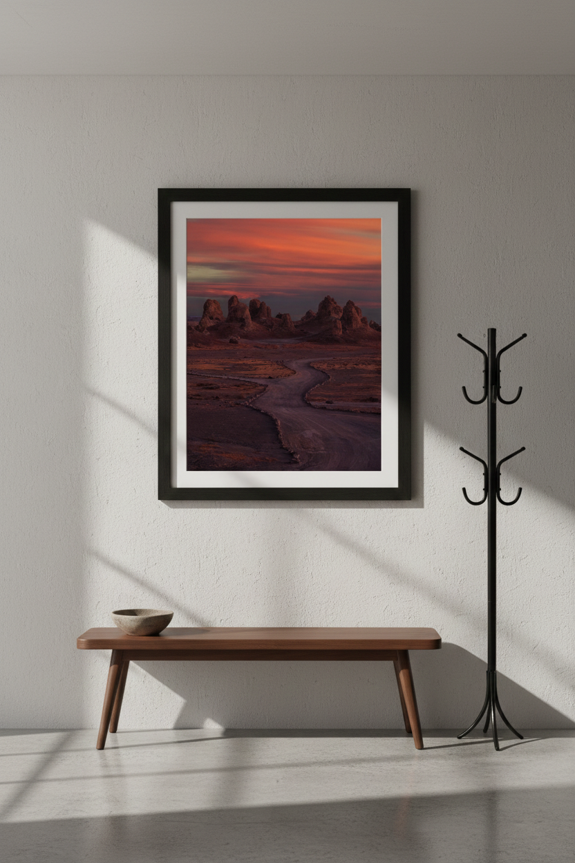 Large matted Trona Pinnacles desert photo print on a light gray wall above a simple wooden bench and black metal coat rack.