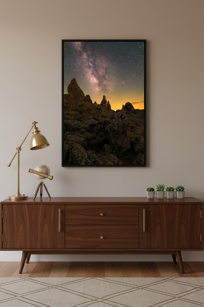Black framed Trona Pinnacles night landscape photo print centered on a beige wall above a walnut credenza with a brass desk lamp.