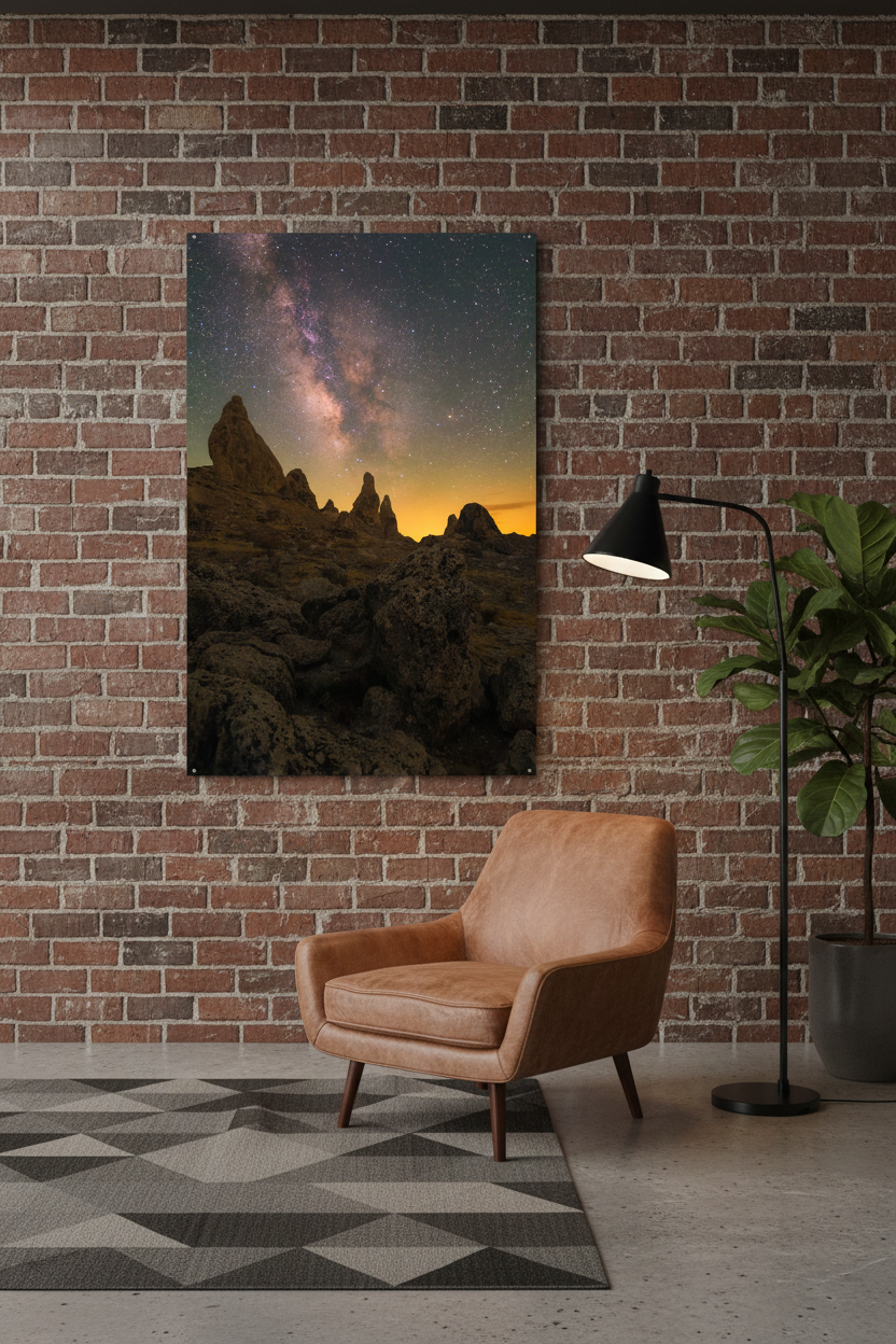 Large frameless Trona Pinnacles Milky Way art print mounted on an exposed red brick wall above a cognac leather armchair.