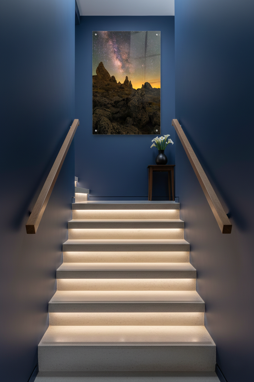 Vertical acrylic print of Trona Pinnacles under the Milky Way displayed on a deep blue wall at the top of an illuminated staircase.