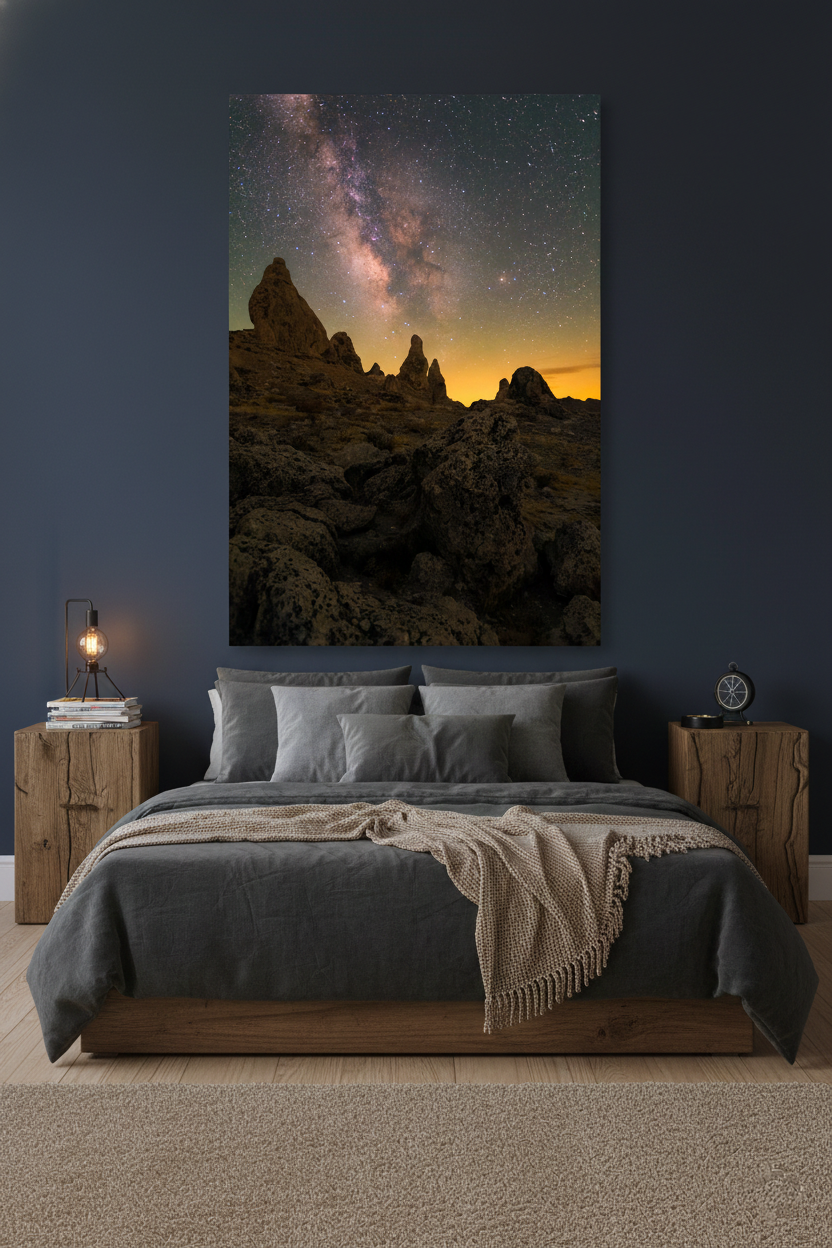 Large vertical Trona Pinnacles night sky canvas print mounted over a grey linen bed against a dark navy blue accent wall.