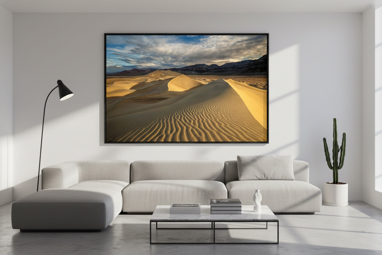 Large framed horizontal Death Valley Eureka Dunes photo print mounted above a light grey sectional sofa with a cactus potted plant.