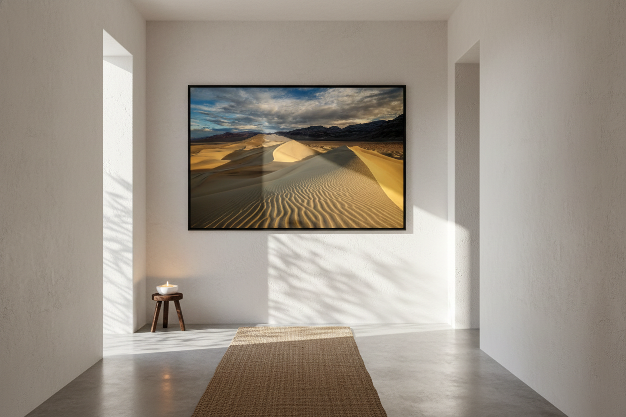Horizontal Death Valley sand dunes framed fine art print centered on a white plaster wall above a woven rug in a brightly lit hallway.