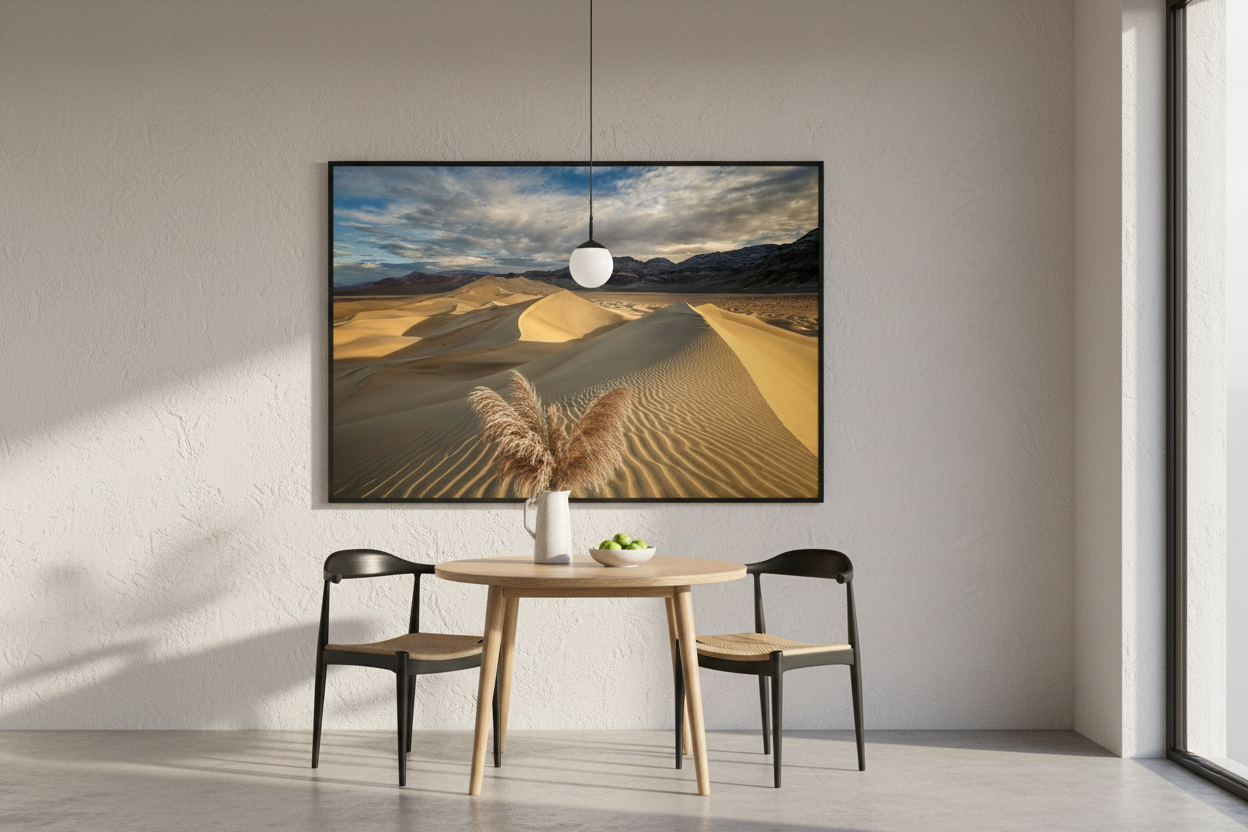 Eureka Dunes desert photo print displayed on a plaster wall behind a round wooden dining table with black chairs and pampas grass.