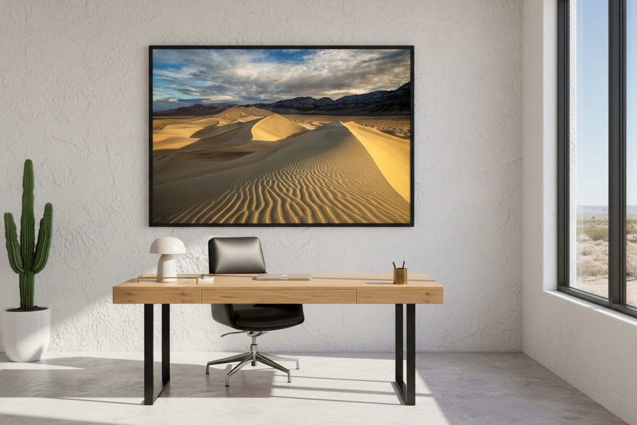 Large framed horizontal landscape print of Eureka Dunes sand ripples hung behind a light wood office desk and black leather chair.