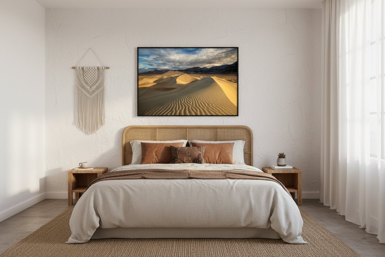 Framed fine art print of golden sand dunes mounted above a rattan headboard with earth-tone pillows and macrame wall hanging.