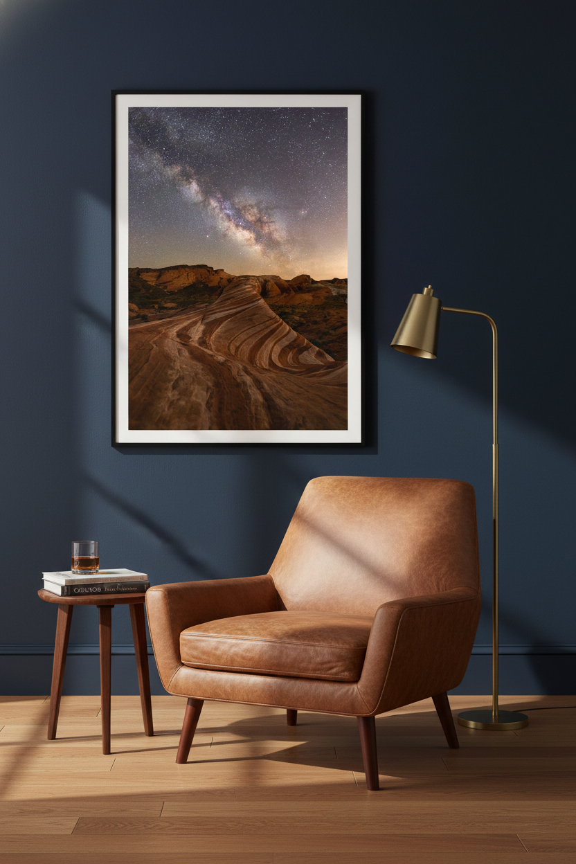 Matted white framed fine art print of Valley of Fire Milky Way displayed on a navy blue wall behind a cognac leather armchair.