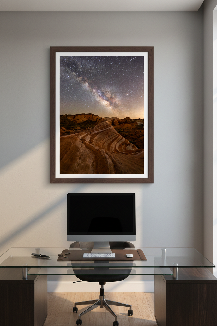 Dark wood framed Valley of Fire Fire Wave photo print mounted above a glass top executive desk with a modern computer.