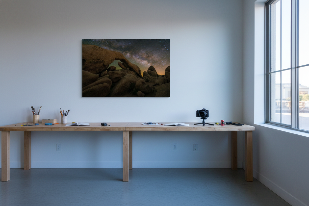 Horizontal photo print of Arch Rock night sky mounted on a white wall above a long wooden workbench with photography gear.