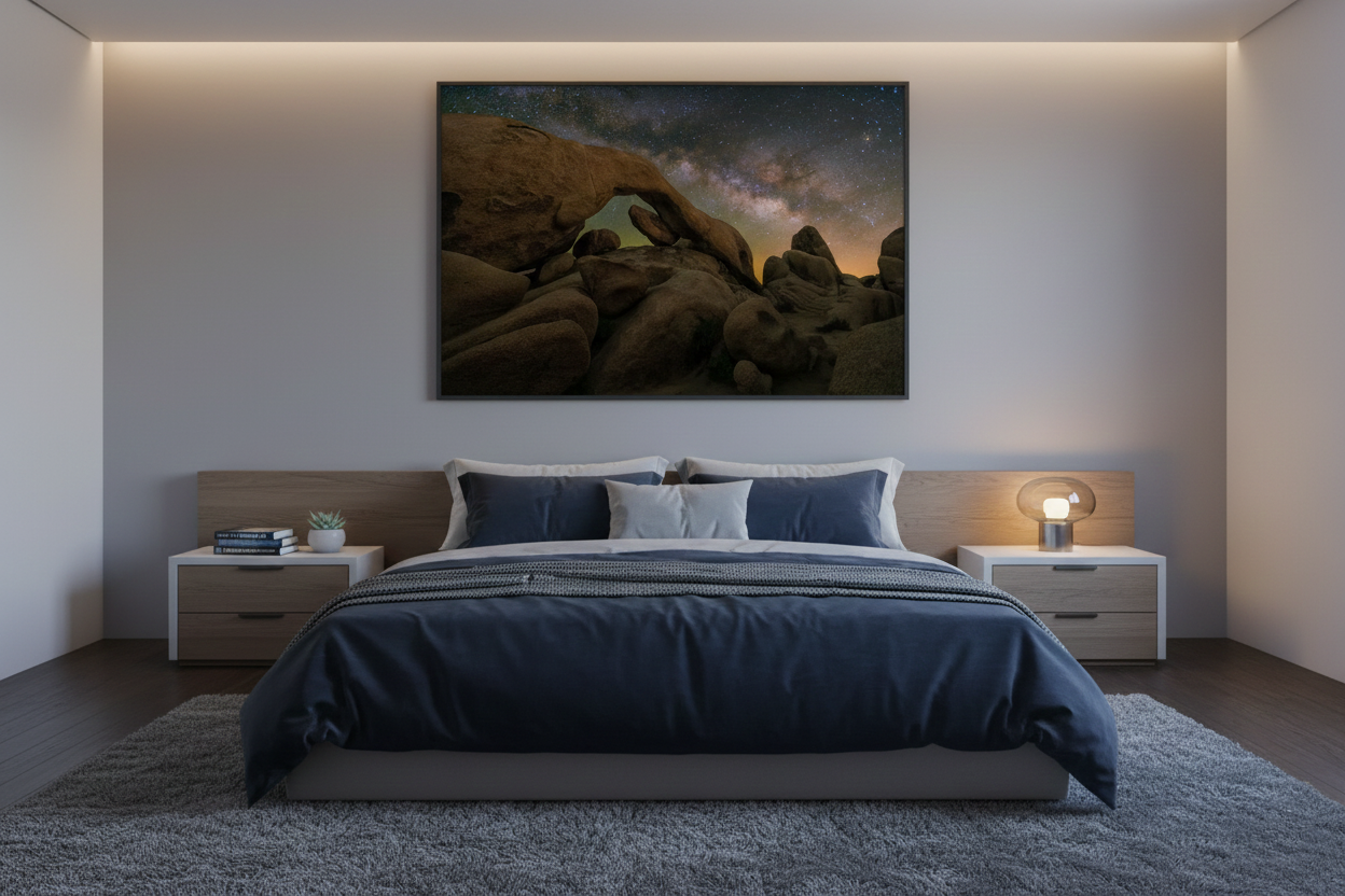 Framed Joshua Tree Arch Rock night landscape photo print centered above a plush blue bed and light wood headboard with soft lighting.