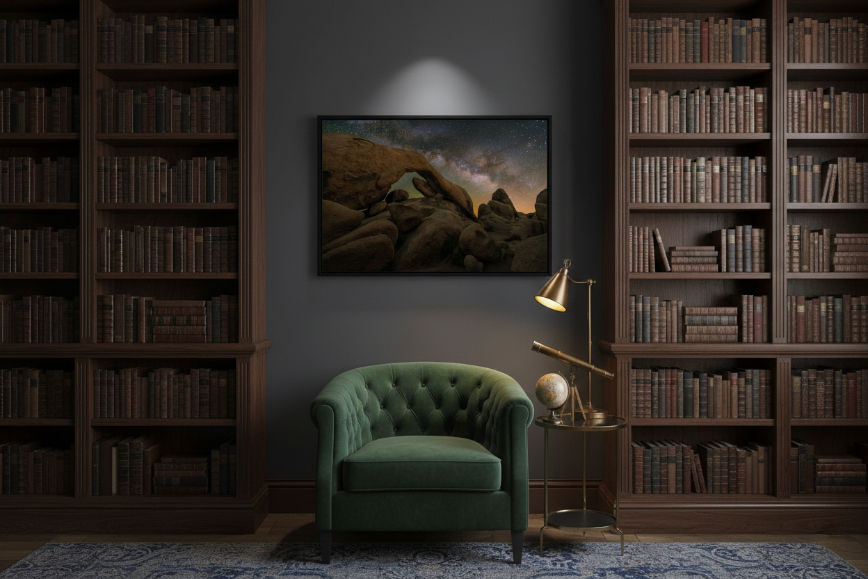 Framed fine art print of Arch Rock under the Milky Way framed by floor-to-ceiling wooden bookshelves behind a tufted green armchair.