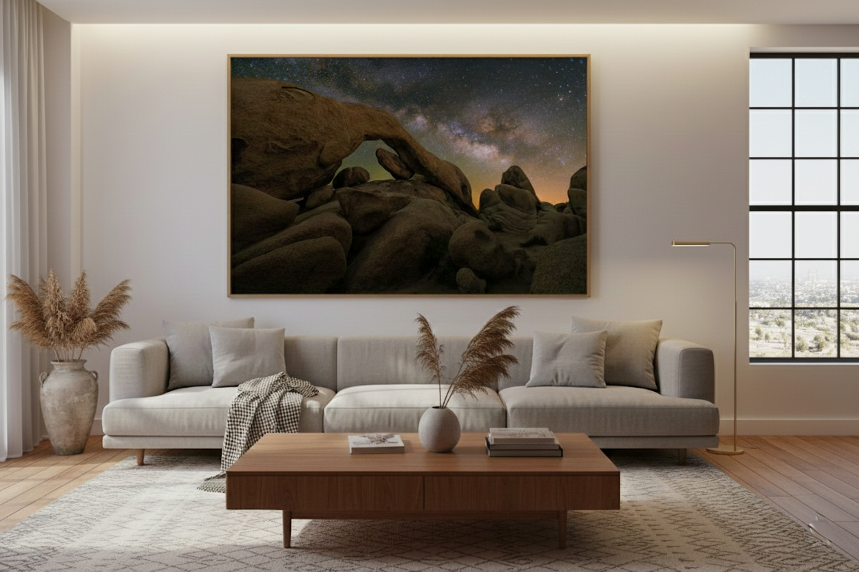 Oversized horizontal Joshua Tree Arch Rock fine art print in a natural wood frame hung over a light grey sofa in a brightly lit room.
