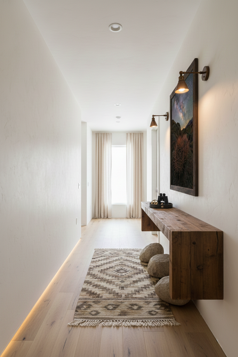 Alabama Hills barrel cactus night sky fine art print illuminated by wall sconces above a rustic wooden console table in a bright white hallway.