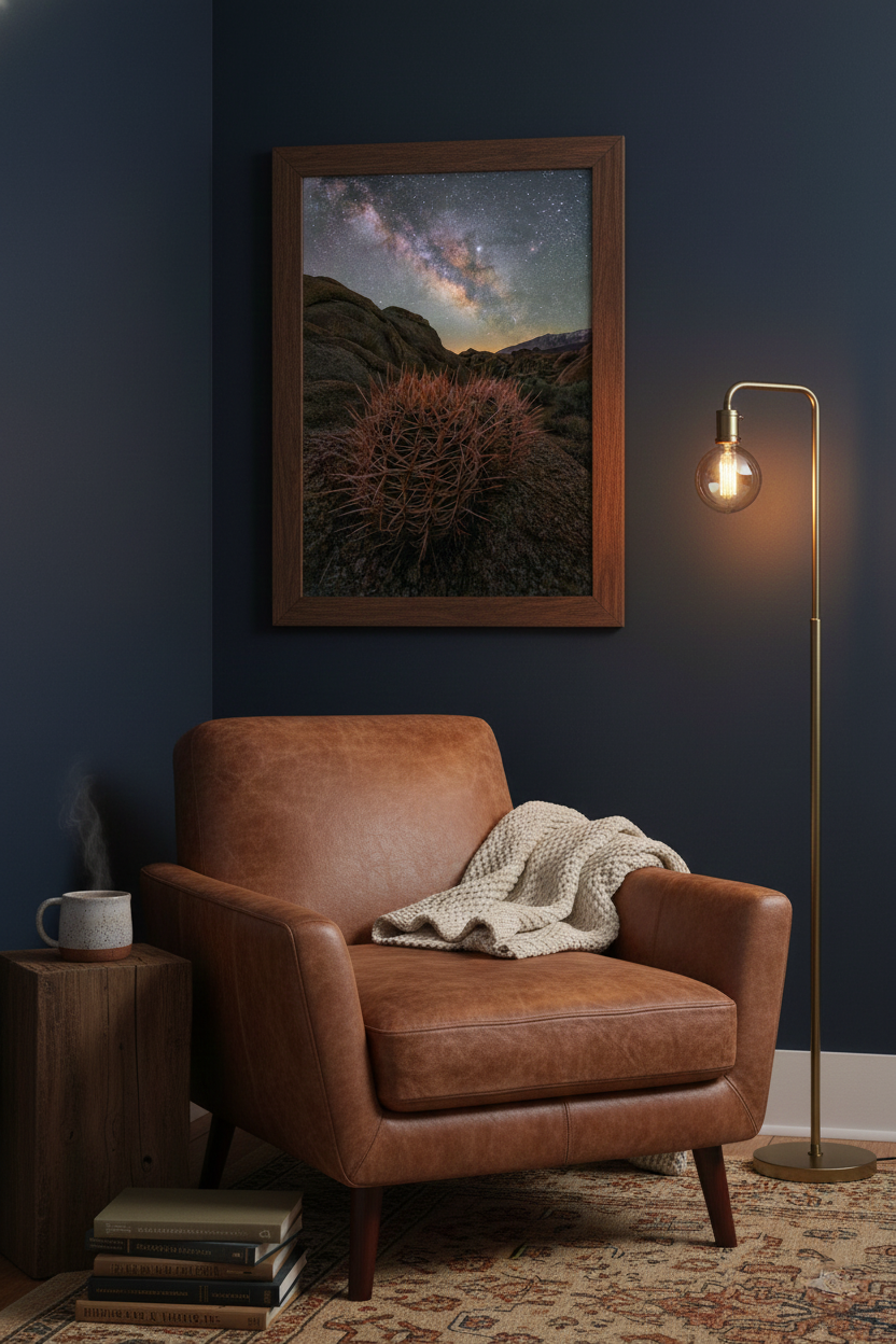 Wood framed Alabama Hills barrel cactus photo print mounted on a dark navy wall above a cognac leather armchair with a warm floor lamp.
