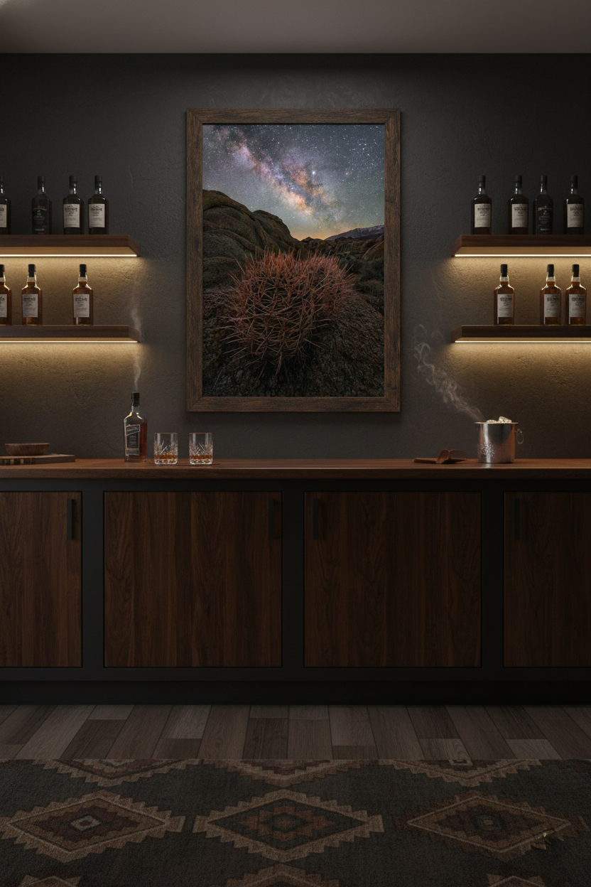 Framed Alabama Hills Milky Way print centered above a dark wood home bar cabinet flanked by warm under-shelf lighting and liquor bottles.