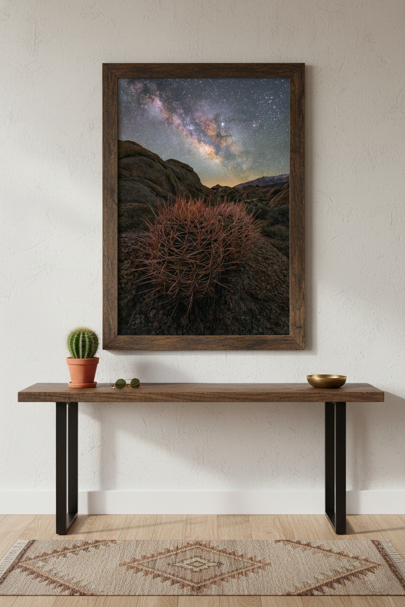 Large framed Alabama Hills barrel cactus photograph displayed over a sleek wooden console table with a potted cactus on a textured plaster wall.