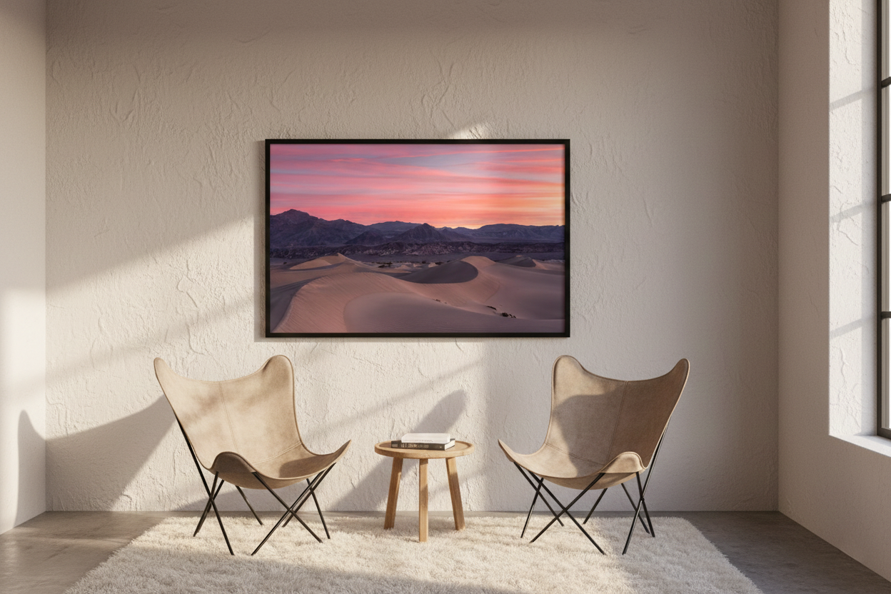 Death Valley sunrise fine art print mounted on a textured white plaster wall above two leather butterfly chairs and a shag rug.