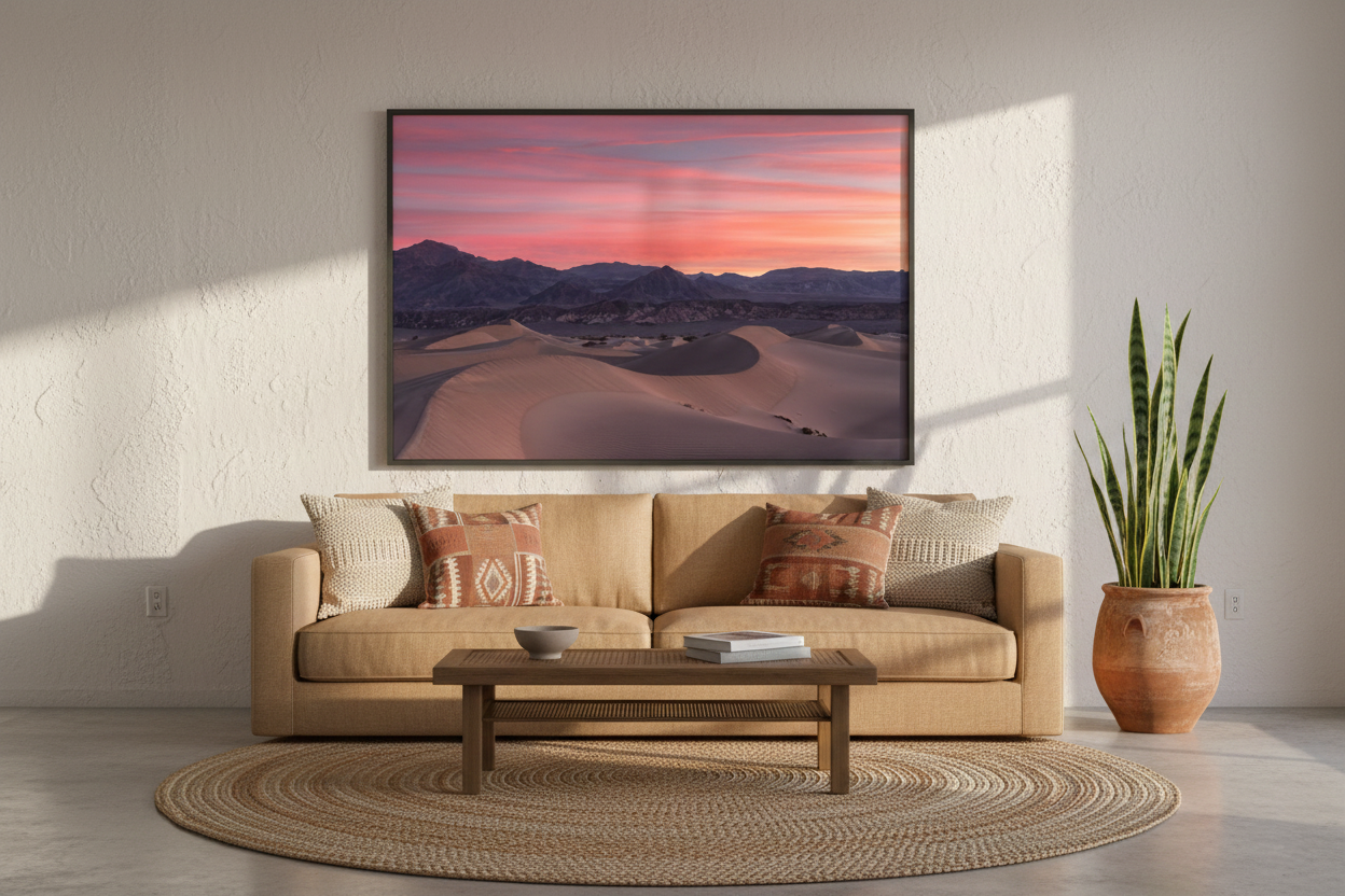Large framed horizontal Death Valley sand dunes sunrise photo hanging above a beige sofa with patterned throw pillows and a round jute rug.