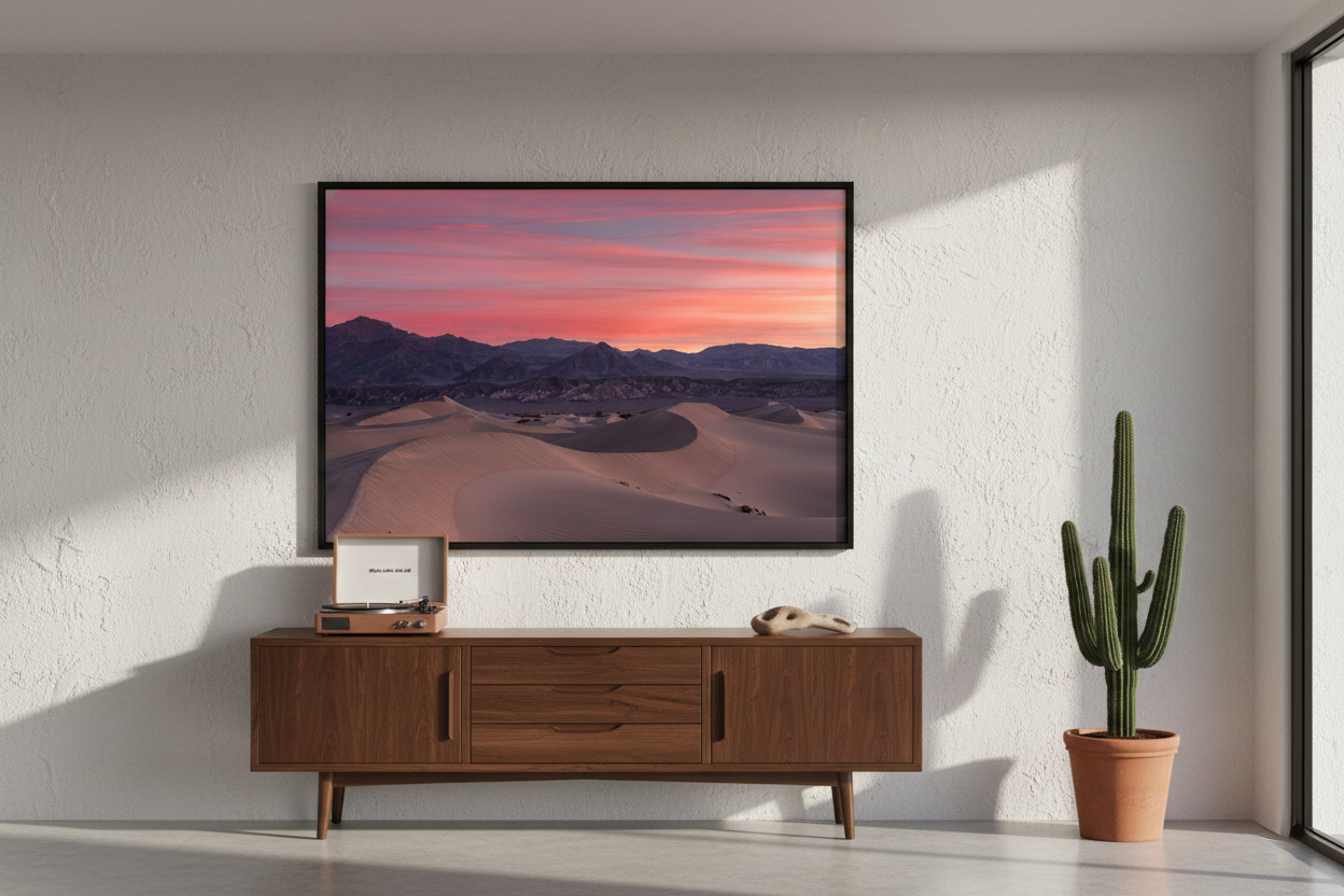 Framed Death Valley sunrise landscape photo centered over a mid-century wooden credenza with a record player and a potted cactus.