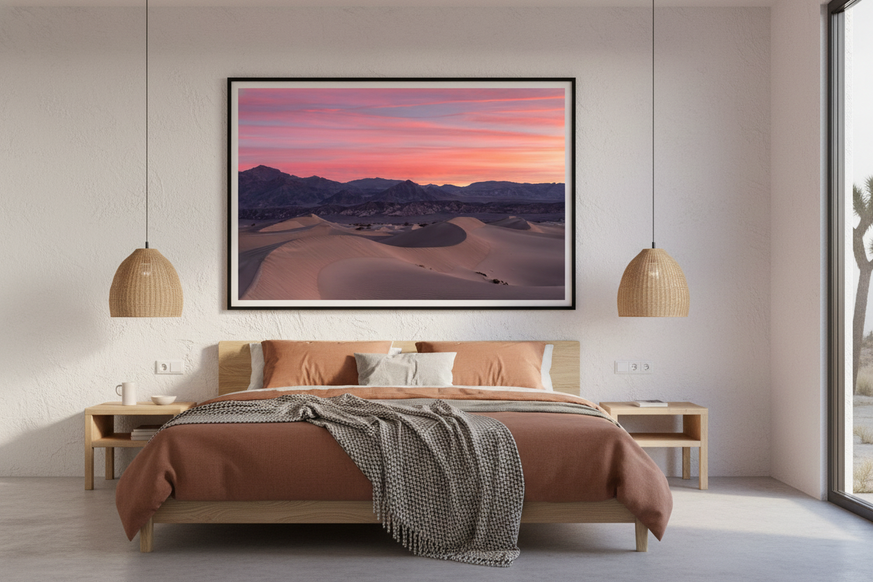 Oversized framed Death Valley sand dunes photo print mounted over a light wood bed with terracotta bedding and woven pendant lights.