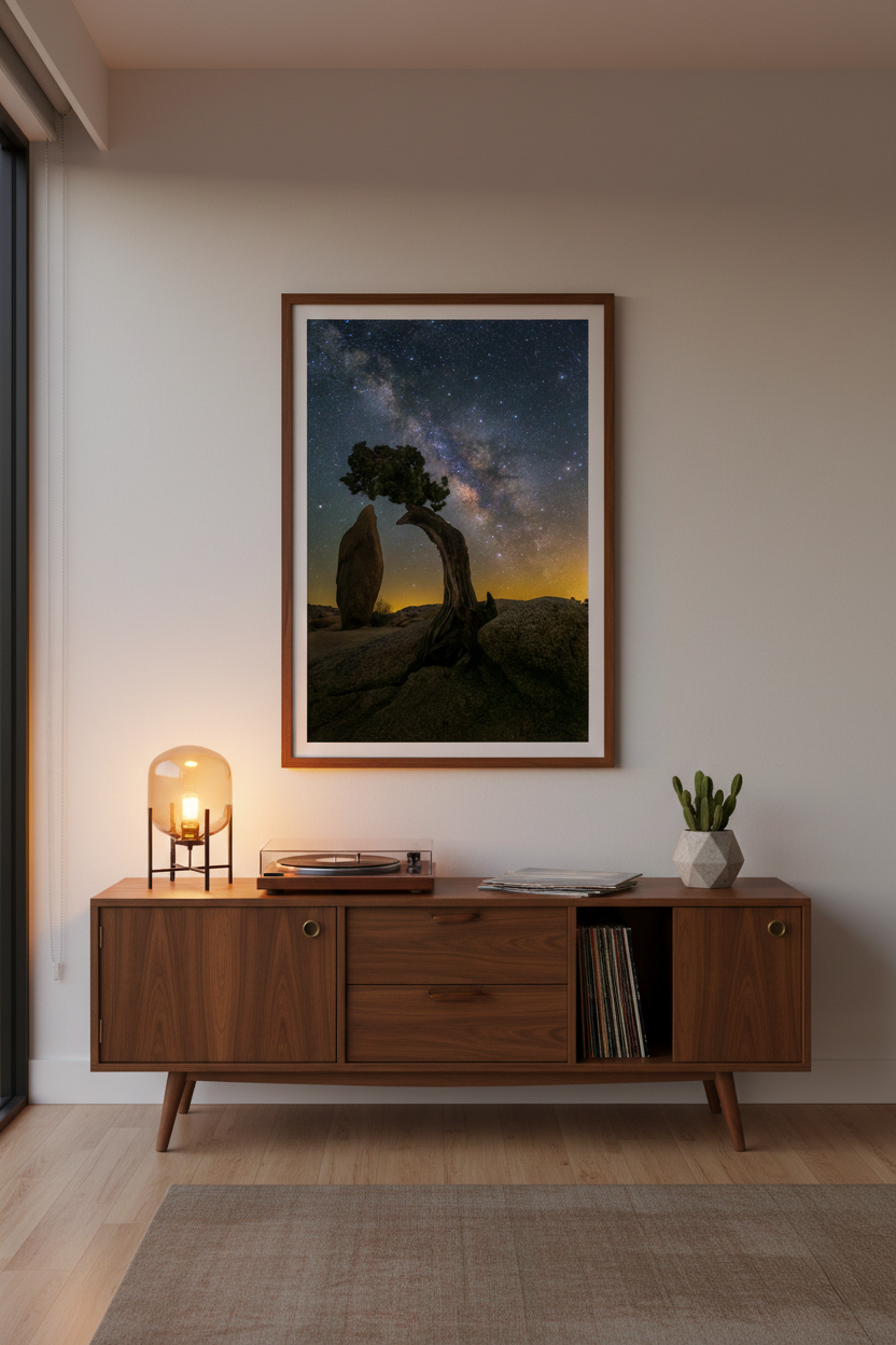 Framed vertical Joshua Tree Milky Way print hanging above a walnut mid-century modern credenza with a record player and table lamp.