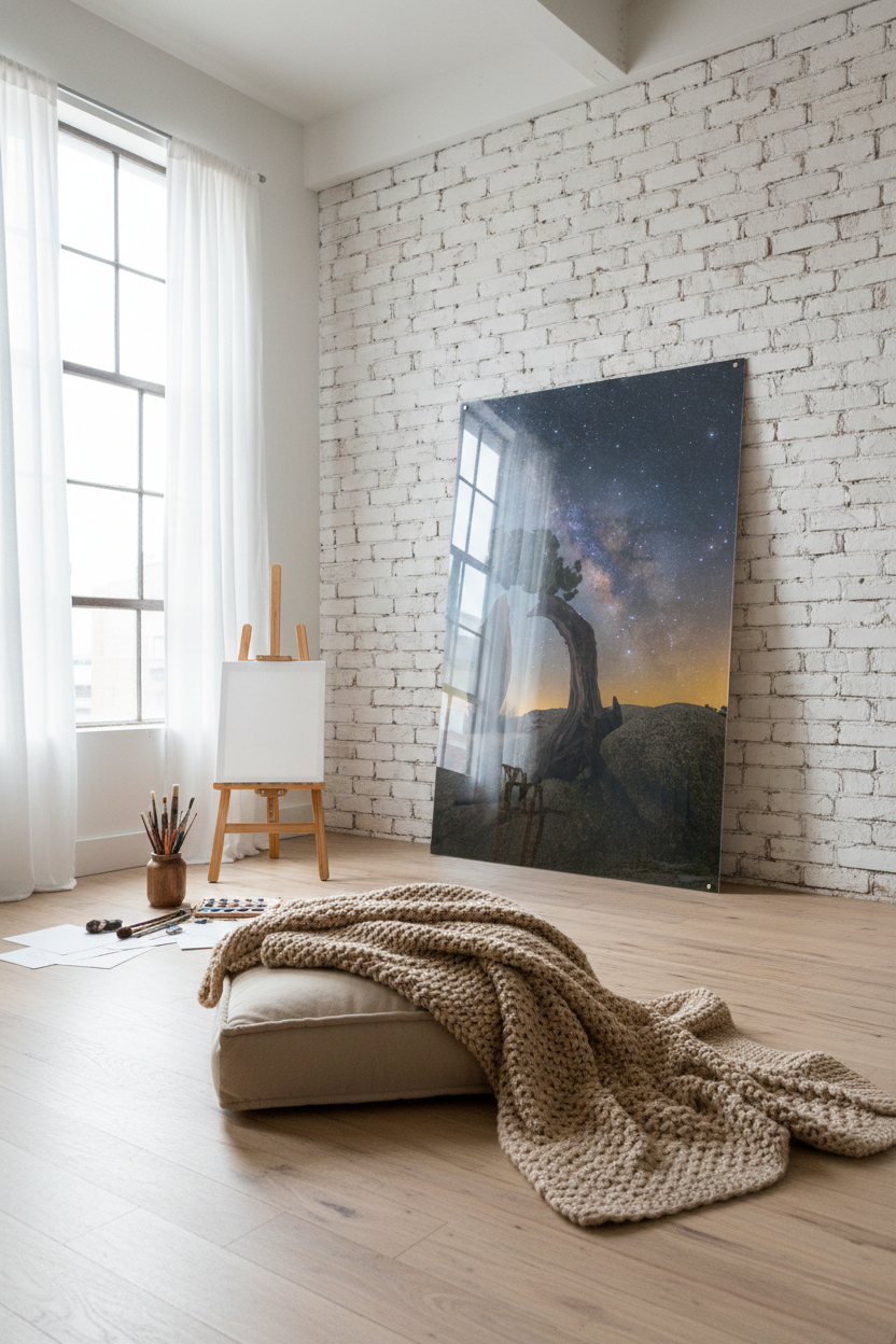 Large unframed acrylic Joshua Tree night sky photo print leaning against an exposed white brick wall in a sunlit art studio with an easel.