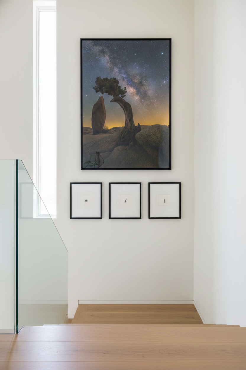 Vertical Joshua Tree Milky Way photograph mounted above three smaller framed prints in a sleek modern white stairwell with glass railing.