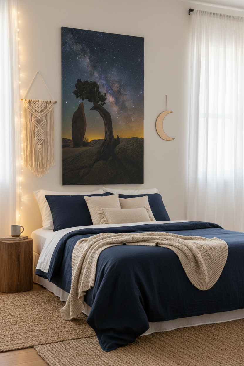 Large Joshua Tree starry night wall art canvas hanging above a bed with navy blue duvet, macrame decor, and fairy lights.
