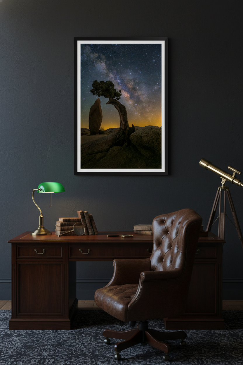 Framed Joshua Tree Milky Way photo print on a dark charcoal wall above a mahogany executive desk, leather chair, and brass telescope.