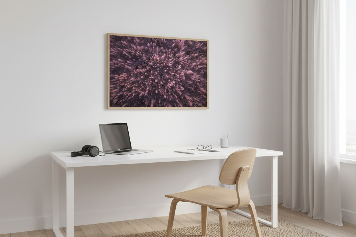 Horizontal abstract salt flat fine art print in a natural wood frame centered above a modern white desk and light oak chair.