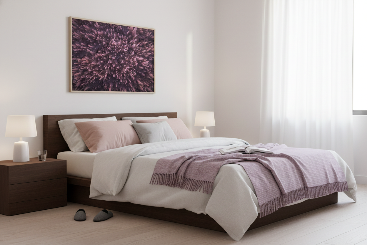 Fine art print of pink salt crystals displayed over a dark wood bed frame styled with blush pink bedding and soft throw blankets.
