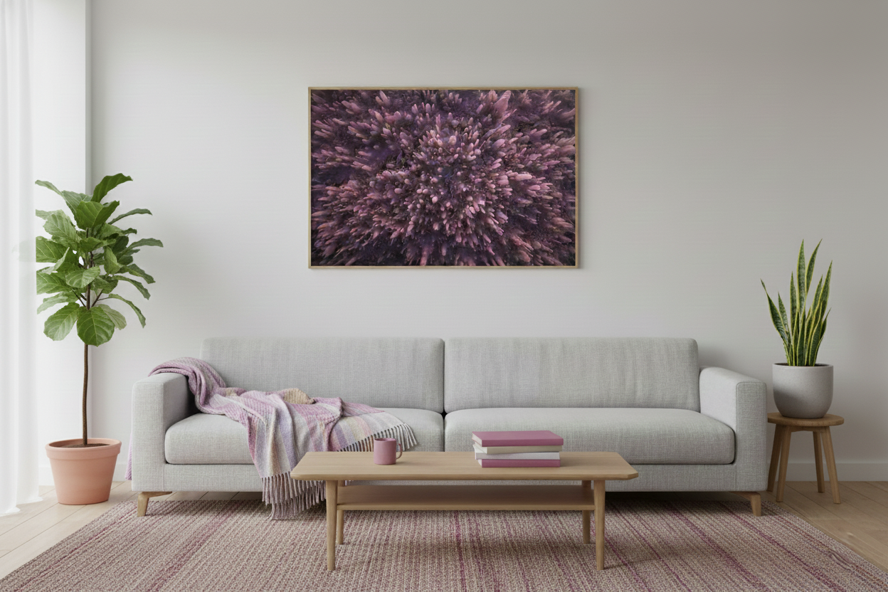 Large framed horizontal Death Valley salt crystal photo print hanging above a light grey sofa with mauve accent pillows and a woven rug.
