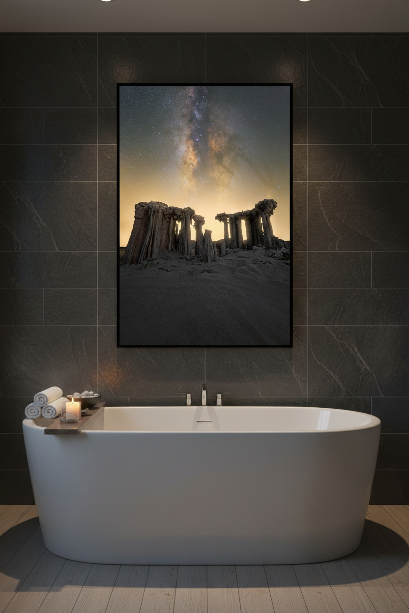 Large vertical sand tufa landscape photograph mounted on dark slate tile above a freestanding soaking bathtub.