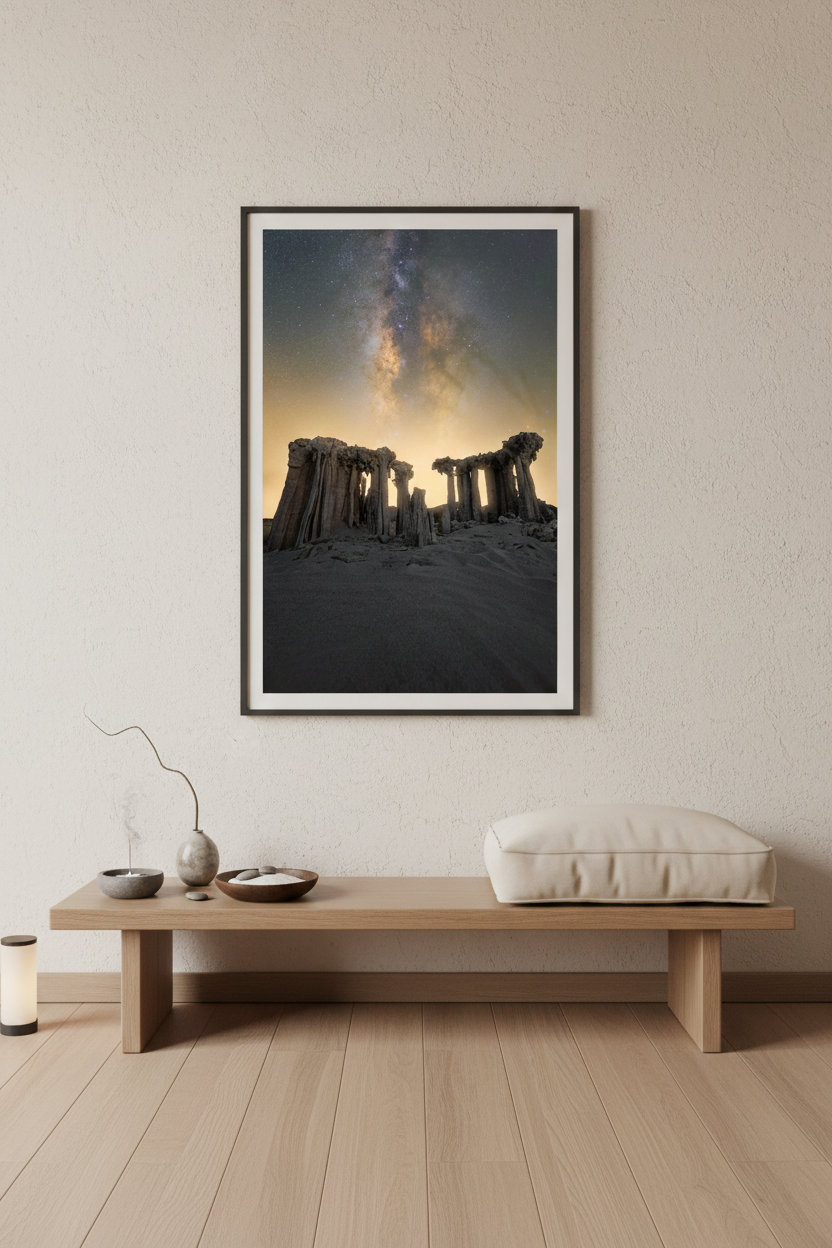Framed vertical Mono Lake sand tufa photo print hanging above a low wooden bench with incense and a floor cushion.