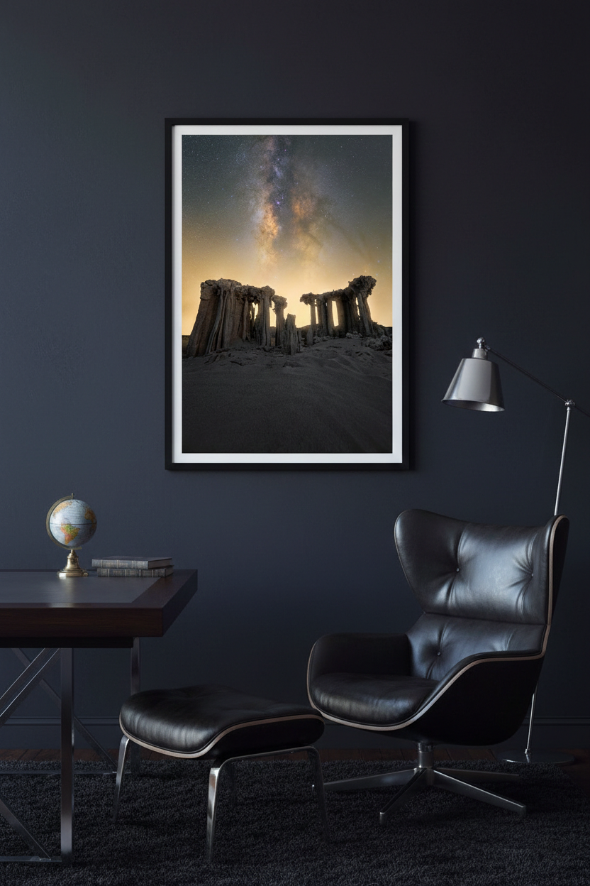 Framed fine art print of Mono Lake tufas under the Milky Way on a dark navy wall next to a leather lounge chair and desk.