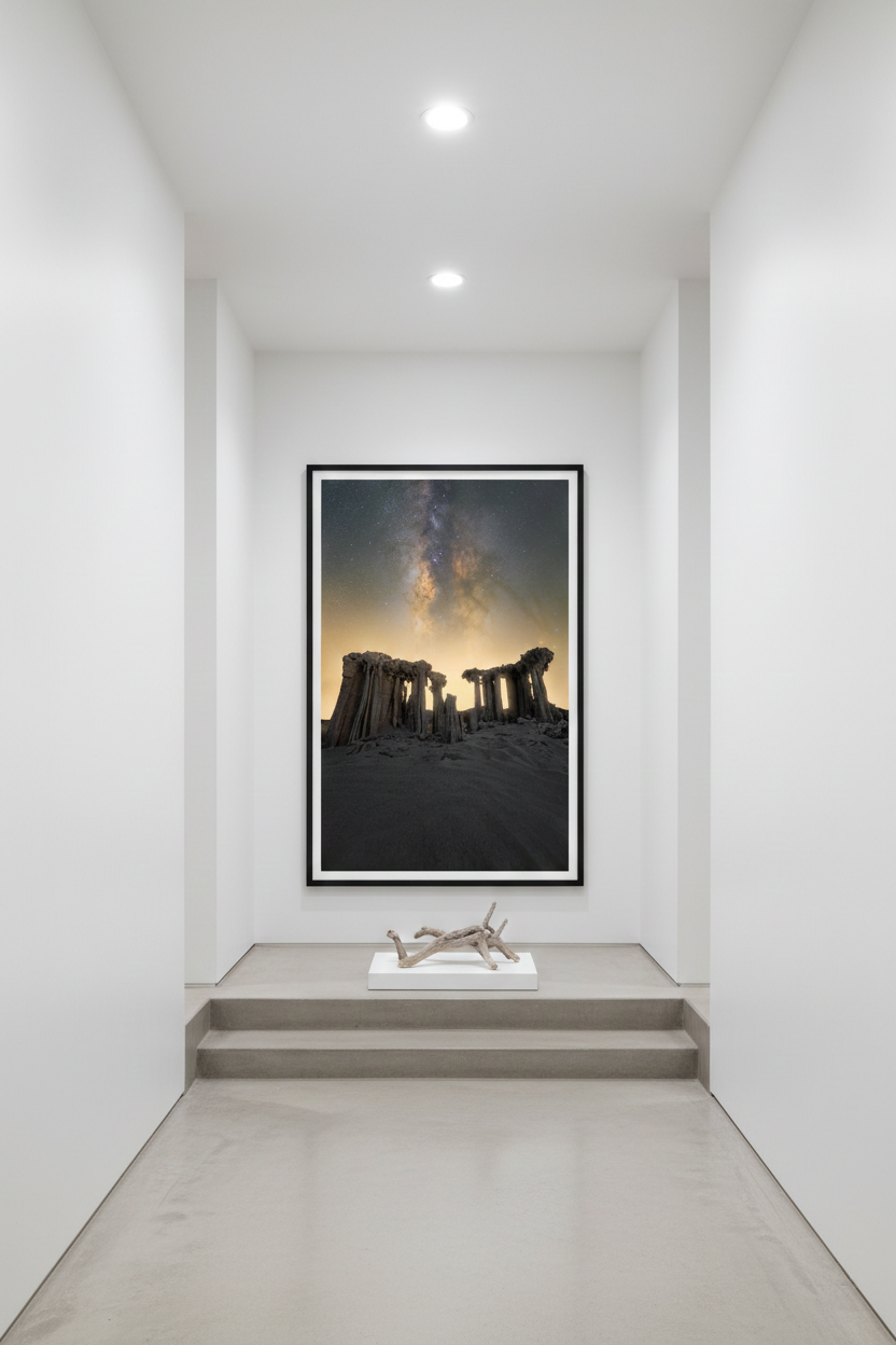 Oversized framed Mono Lake night sky photograph centered at the end of a minimalist white hallway with recessed lighting.