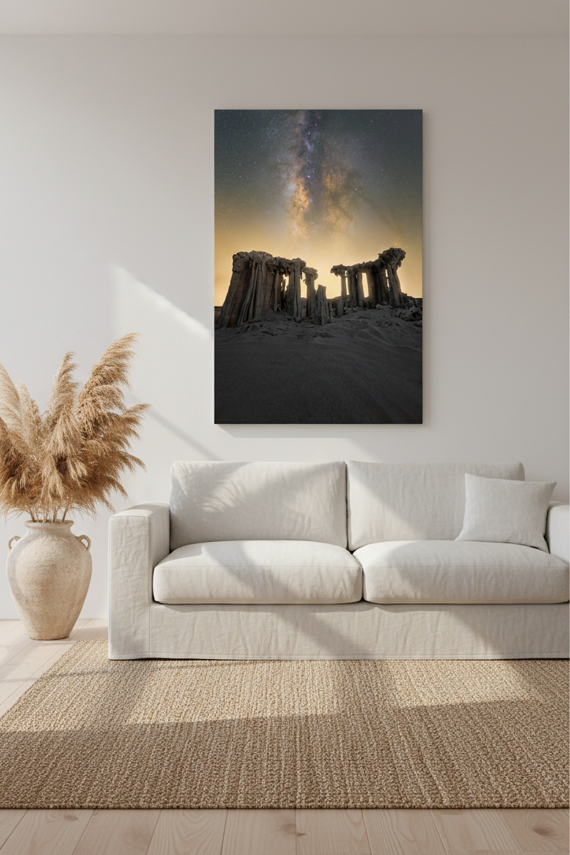 Large unframed Mono Lake sand tufa canvas hanging above a cream linen sofa styled with pampas grass and a woven rug.