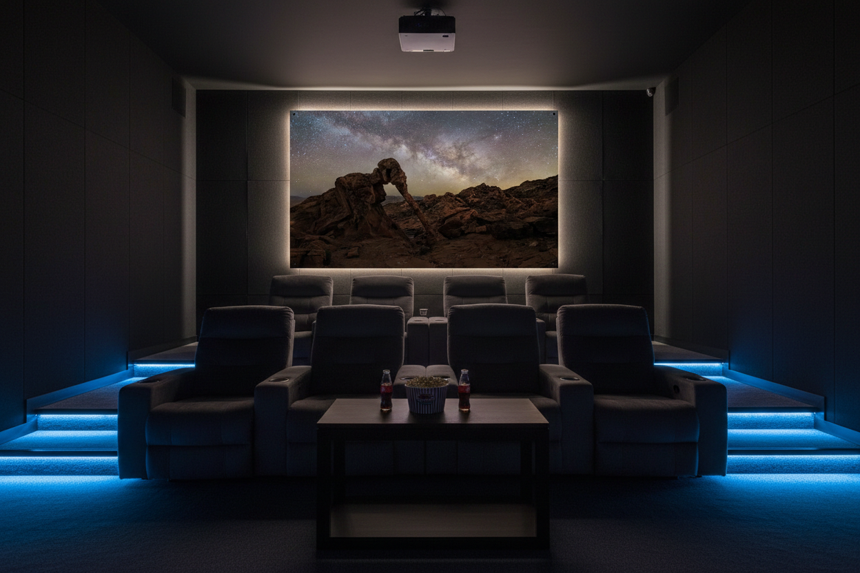 Backlit horizontal acrylic print of Elephant Rock and the night sky featured on the front wall of a luxury home theater.