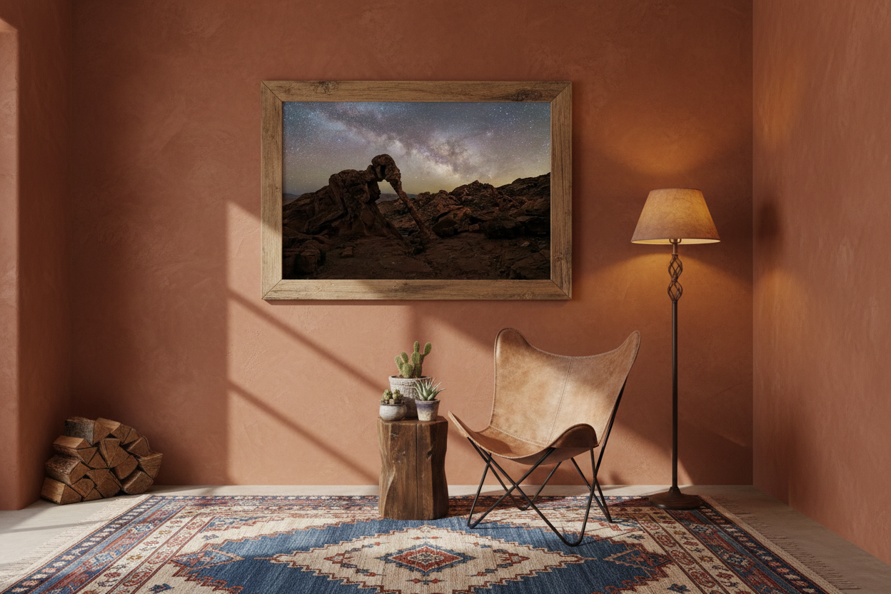 Horizontal photo of Valley of Fire in a rustic wood frame above a leather butterfly chair on a terracotta wall.