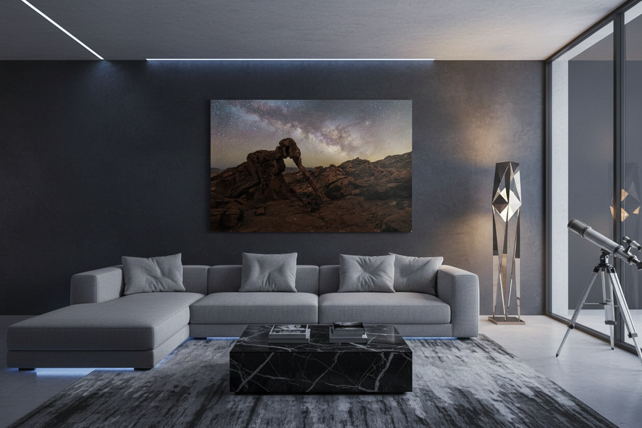 Large horizontal fine art photo of Elephant Rock under the Milky Way hanging above a modern grey sectional sofa next to a telescope.