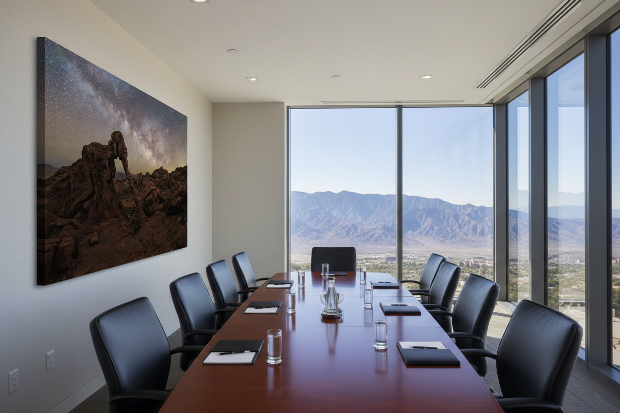 Oversized horizontal landscape print of Valley of Fire Elephant Rock in a modern board room with mountain views.