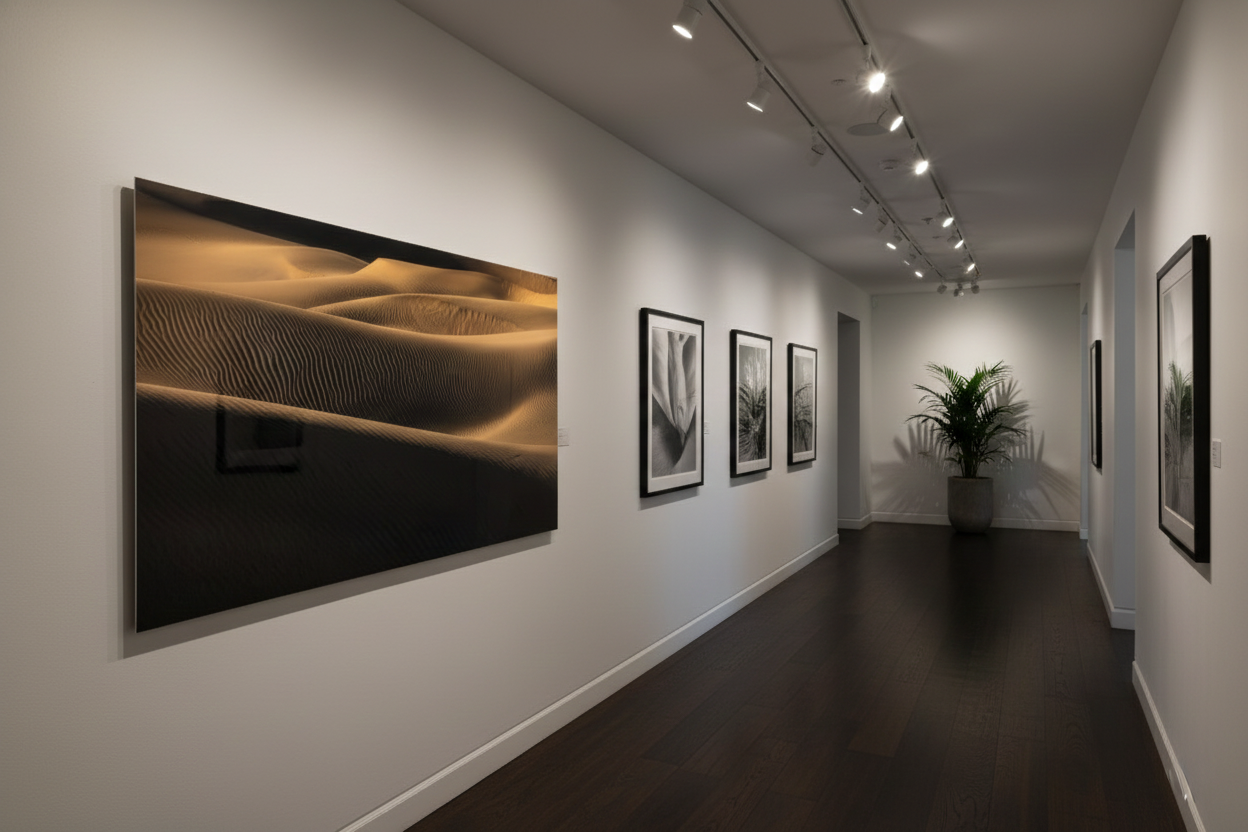 Oversized horizontal fine art print of Death Valley sand dunes displayed under track lights in a sleek modern art gallery.