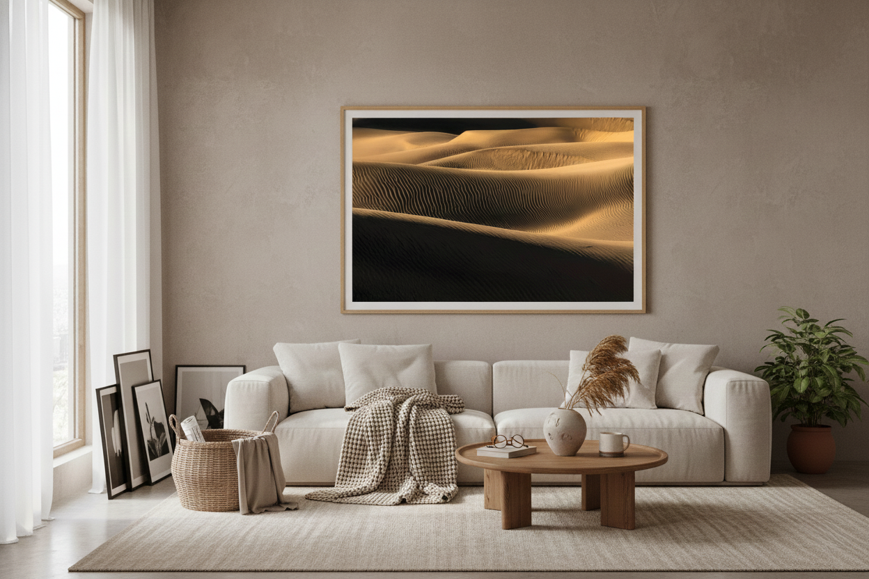 Framed horizontal landscape photo print of golden sand dune ripples mounted above a low cream sofa in a beige organic modern living room.