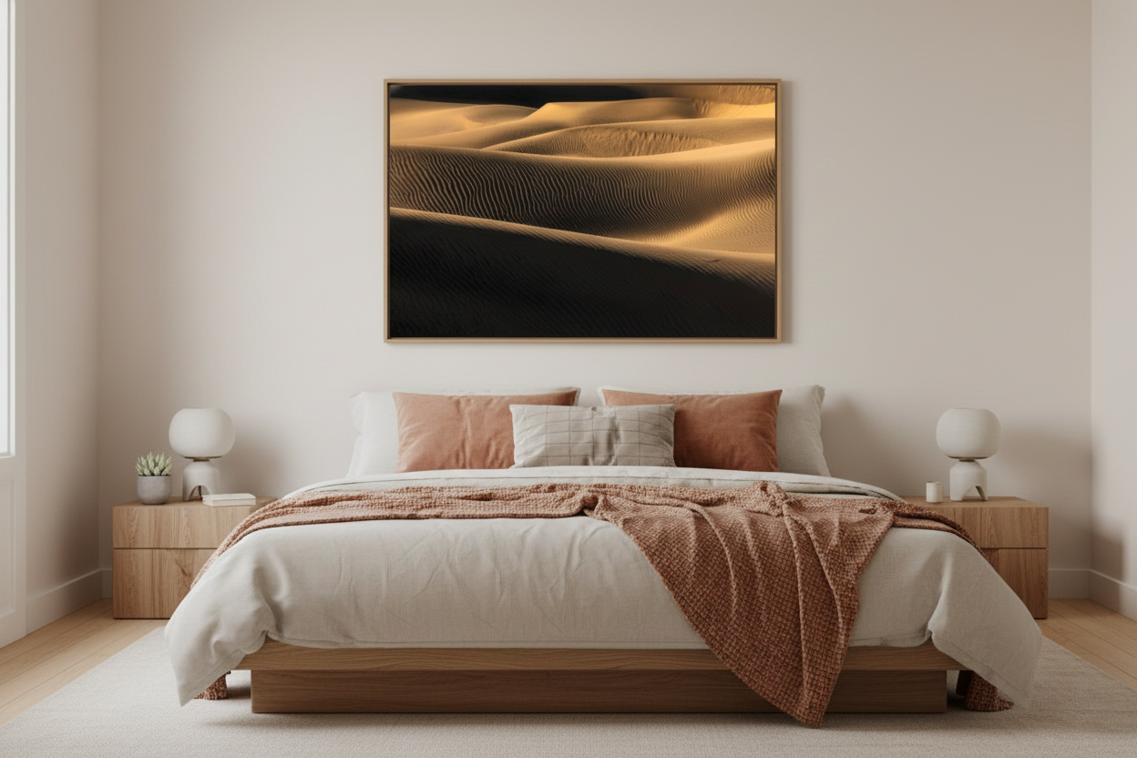 Framed sand dune landscape photograph hanging over a wooden platform bed styled with terracotta and neutral bedding.