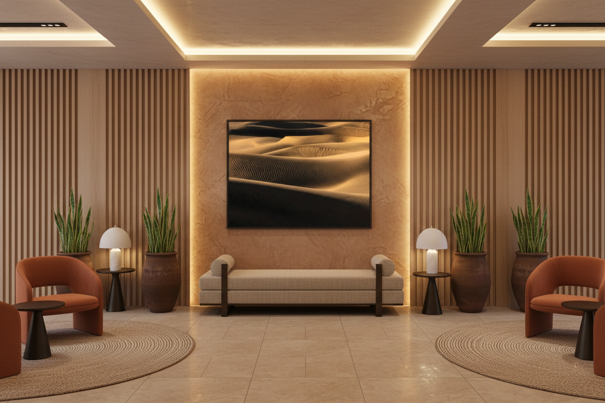 Large framed sand dune artwork centered on a alcove wall with ambient backlighting in a upscale hotel lounge.