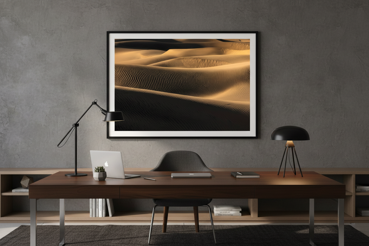 Framed horizontal desert print hanging behind a dark wood executive desk on a concrete texture feature wall.
