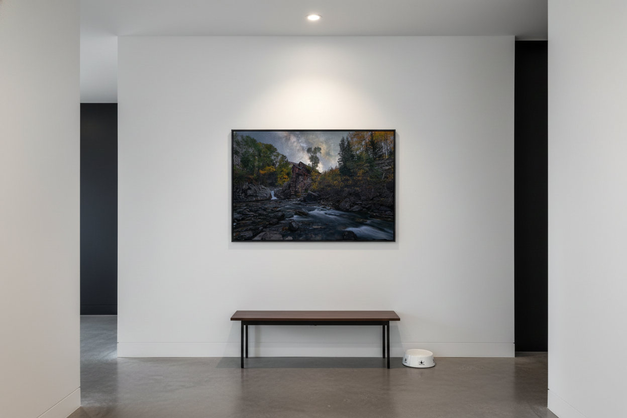 Horizontal landscape fine art print of Crystal Mill hanging above a simple wooden bench in a clean white hallway.
