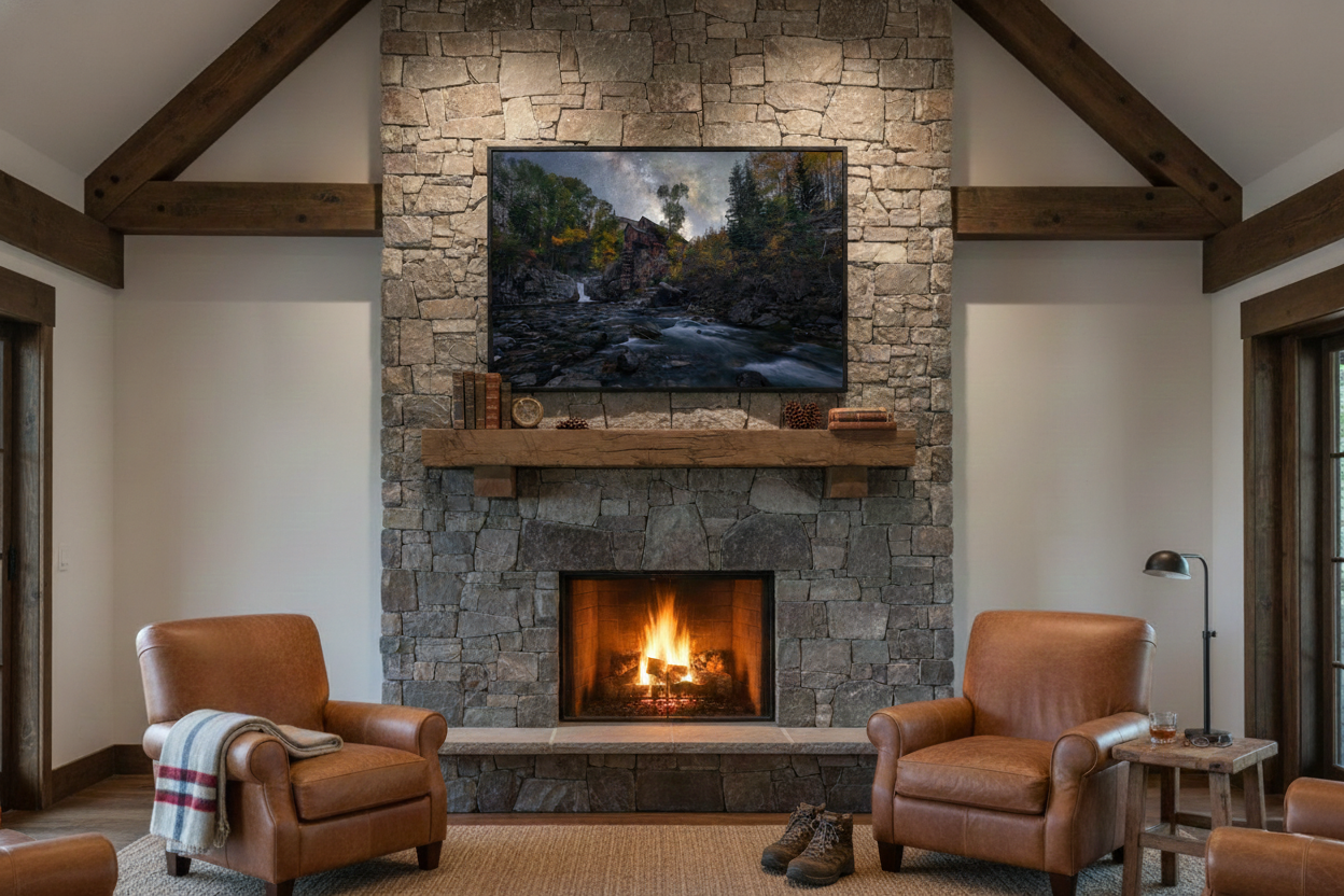 Large framed fine art photo of Crystal Mill under the Milky Way mounted over a stone fireplace in a rustic lodge living room.