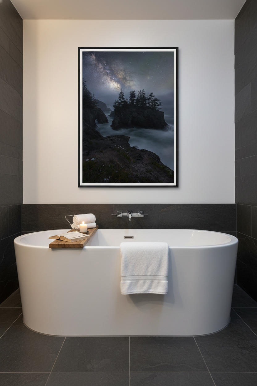 Framed vertical night photography print of Samuel H. Boardman coast centered above a freestanding white bathtub in a dark tile bathroom.